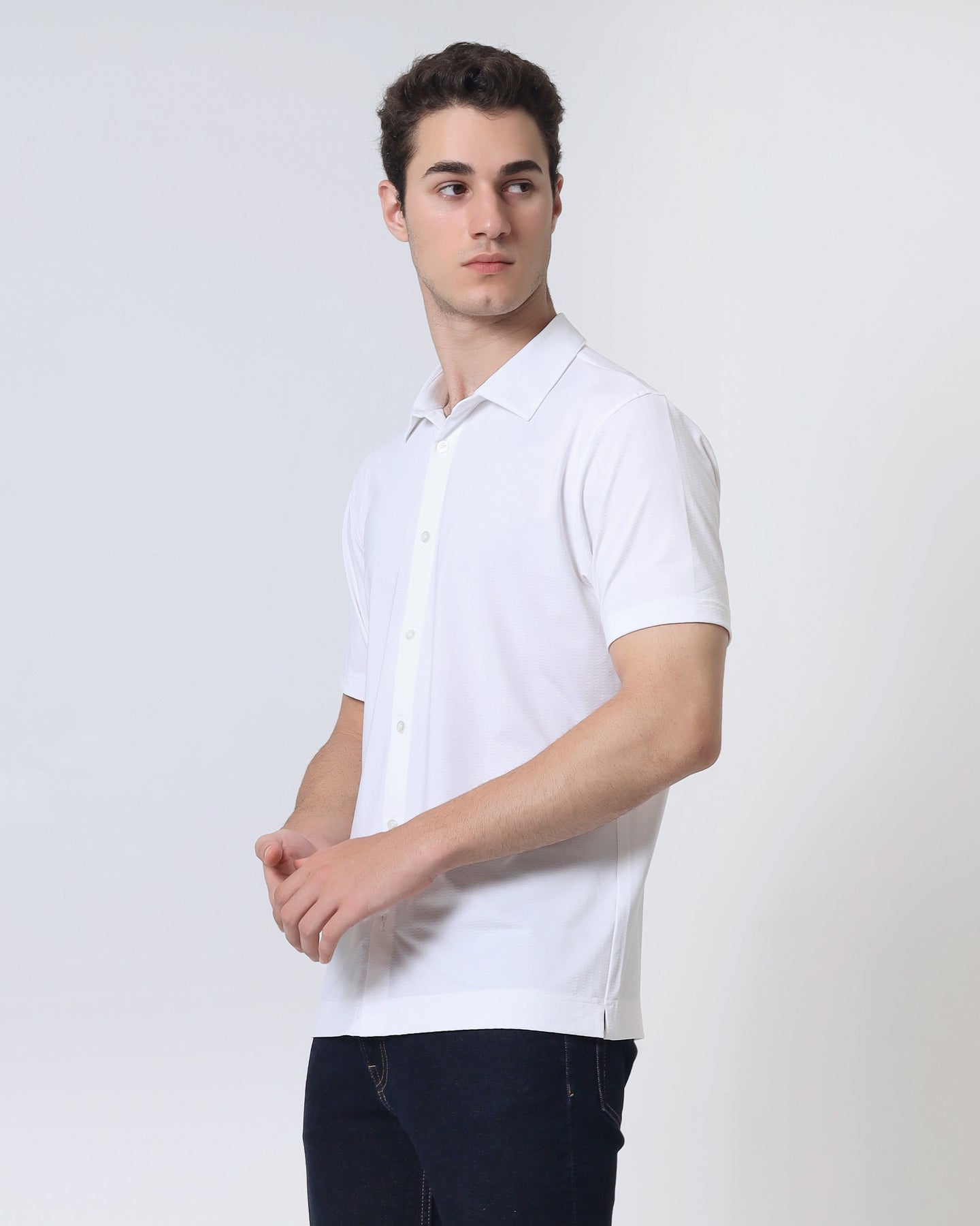 Quieti Performance Regular Fit, White Stripe Textured Jacquard Knit, Short Sleeve Button front Knit in Woven style